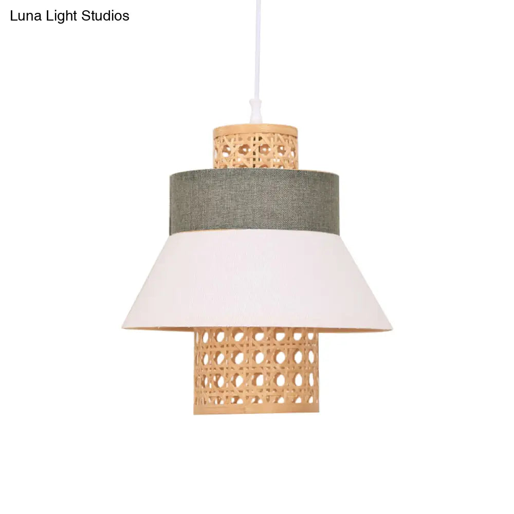 Asian-Inspired Bedroom Pendant Lamp With Handcrafted Green/Purple Fabric And Bamboo Interior Shade