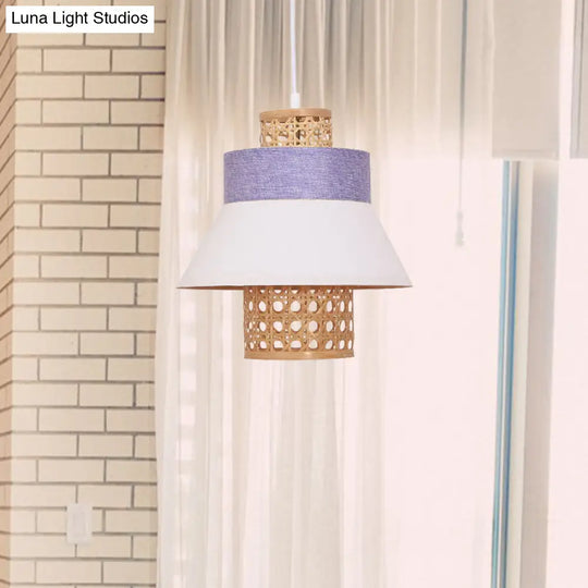 Asian-Inspired Bedroom Pendant Lamp With Handcrafted Green/Purple Fabric And Bamboo Interior Shade