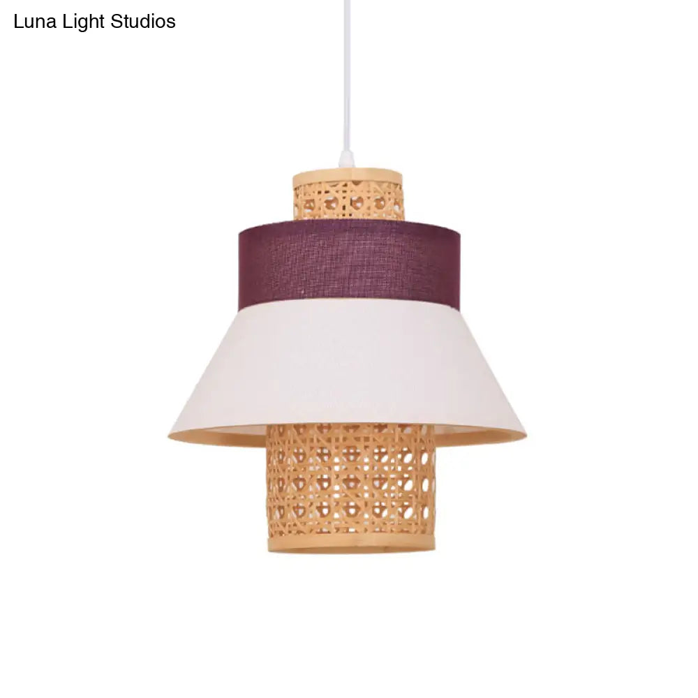 Asian-Inspired Bedroom Pendant Lamp With Handcrafted Green/Purple Fabric And Bamboo Interior Shade