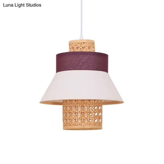 Asian-Inspired Bedroom Pendant Lamp With Handcrafted Green/Purple Fabric And Bamboo Interior Shade