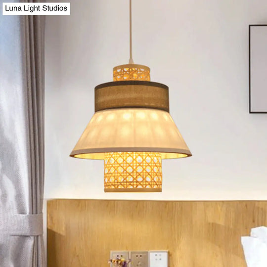 Asian-Inspired Bedroom Pendant Lamp With Handcrafted Green/Purple Fabric And Bamboo Interior Shade