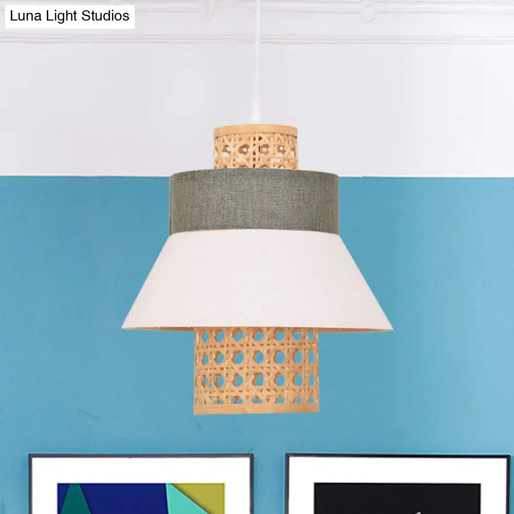 Asian-Inspired Bedroom Pendant Lamp With Handcrafted Green/Purple Fabric And Bamboo Interior Shade