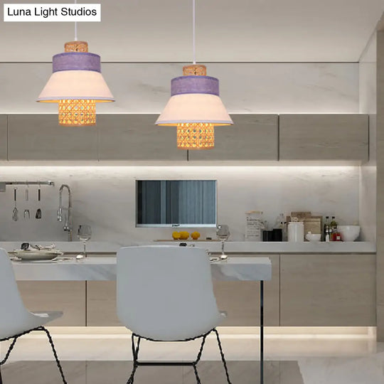 Asian-Inspired Bedroom Pendant Lamp With Handcrafted Green/Purple Fabric And Bamboo Interior Shade