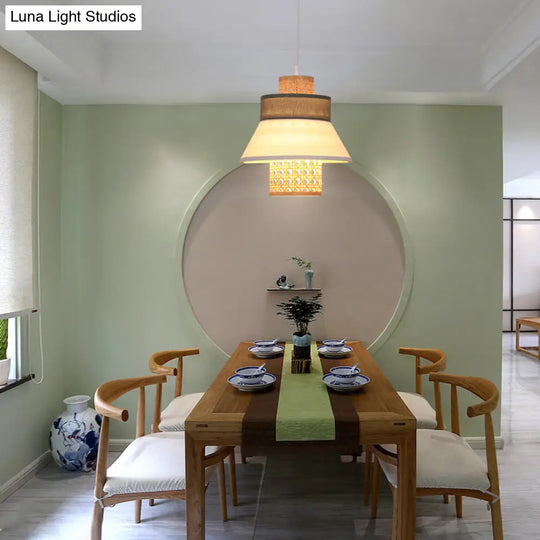 Asian-Inspired Bedroom Pendant Lamp With Handcrafted Green/Purple Fabric And Bamboo Interior Shade
