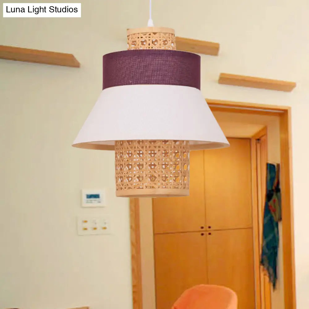 Asian-Inspired Bedroom Pendant Lamp With Handcrafted Green/Purple Fabric And Bamboo Interior Shade