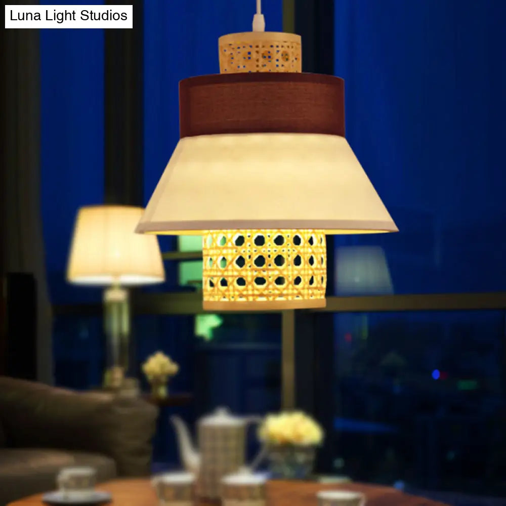 Asian-Inspired Bedroom Pendant Lamp With Handcrafted Green/Purple Fabric And Bamboo Interior Shade