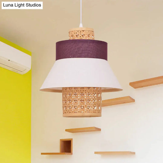 Asian-Inspired Bedroom Pendant Lamp With Handcrafted Green/Purple Fabric And Bamboo Interior Shade