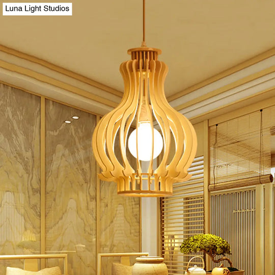 Asian Inspired Beige Hanging Gourd Lamp For Dining Table - Single Pendant With Basswood Cage