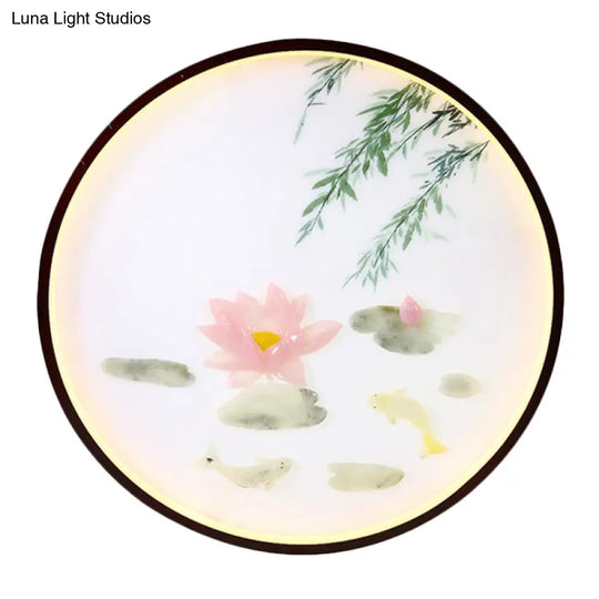 Asian Inspired Pink Lotus Mural Led Flush Mount Wall Sconce: Acrylic Integrated Lighting Solution