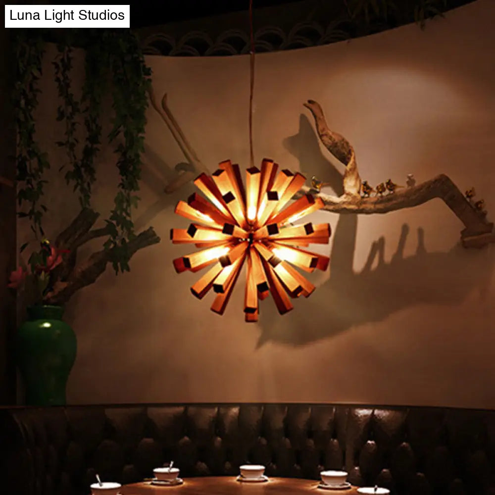 Asian-Inspired Starburst Wood Pendant Light Fixture For Restaurants