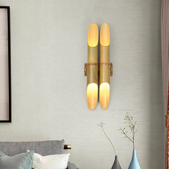 Asian Inspired Tea Room Wall Sconce With Dual Bar Bamboo Shade Beige Up-Down Lamp - Set Of 4 Lights