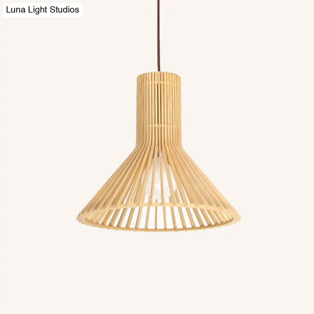 Wood Bowl Asian Hanging Light Pendant - Rustic Beige Restaurant Lantern For Ambient Lighting