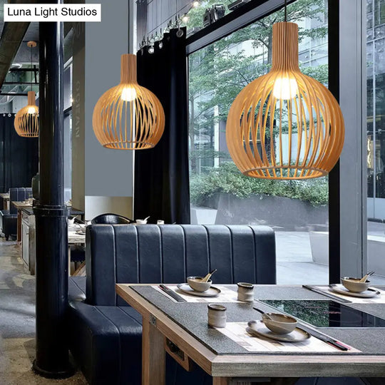 Wood Bowl Asian Hanging Light Pendant - Rustic Beige Restaurant Lantern For Ambient Lighting / B