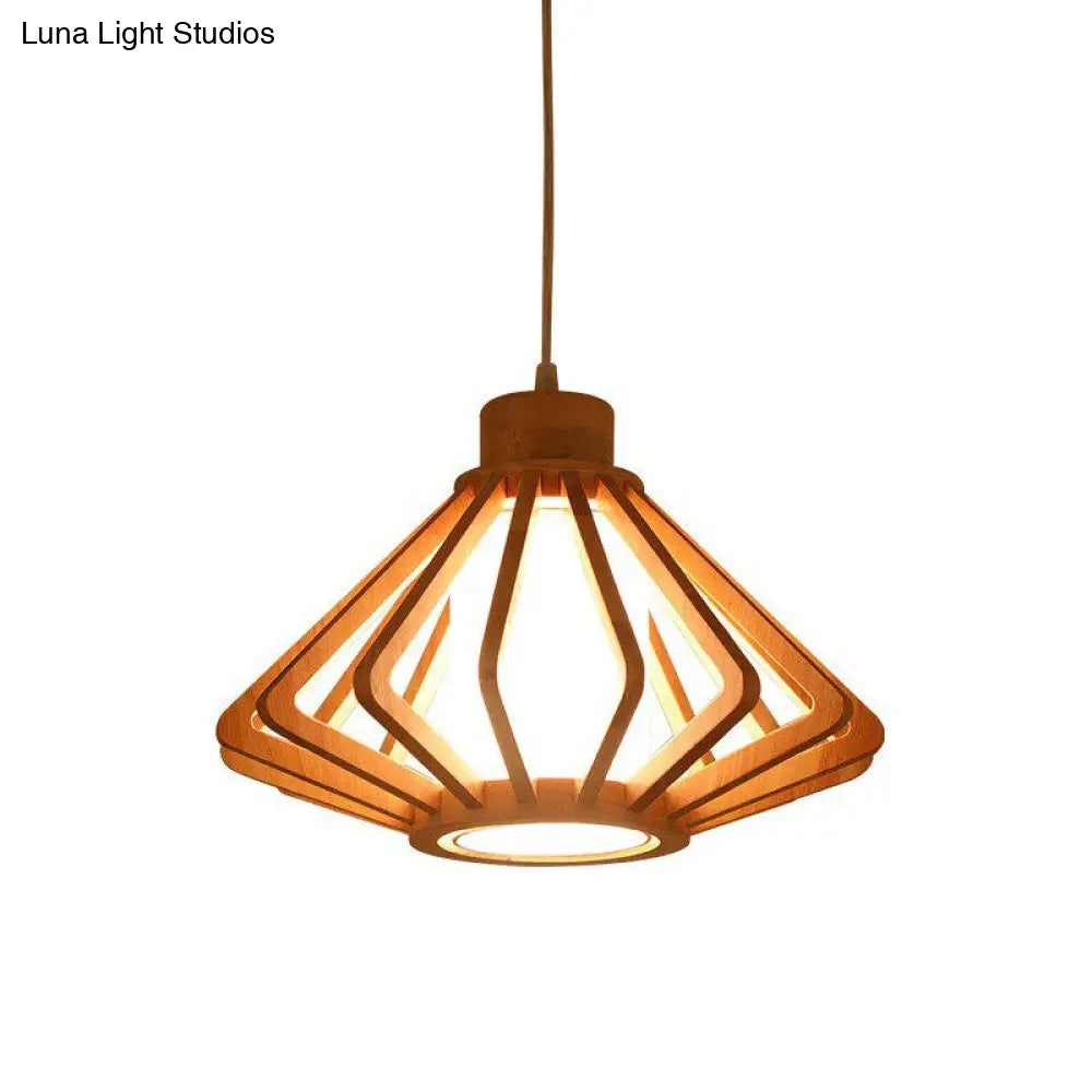 Asian-Inspired Wood Bowl/Lantern Hanging Light In Beige - 1-Light Down Lighting Pendant For