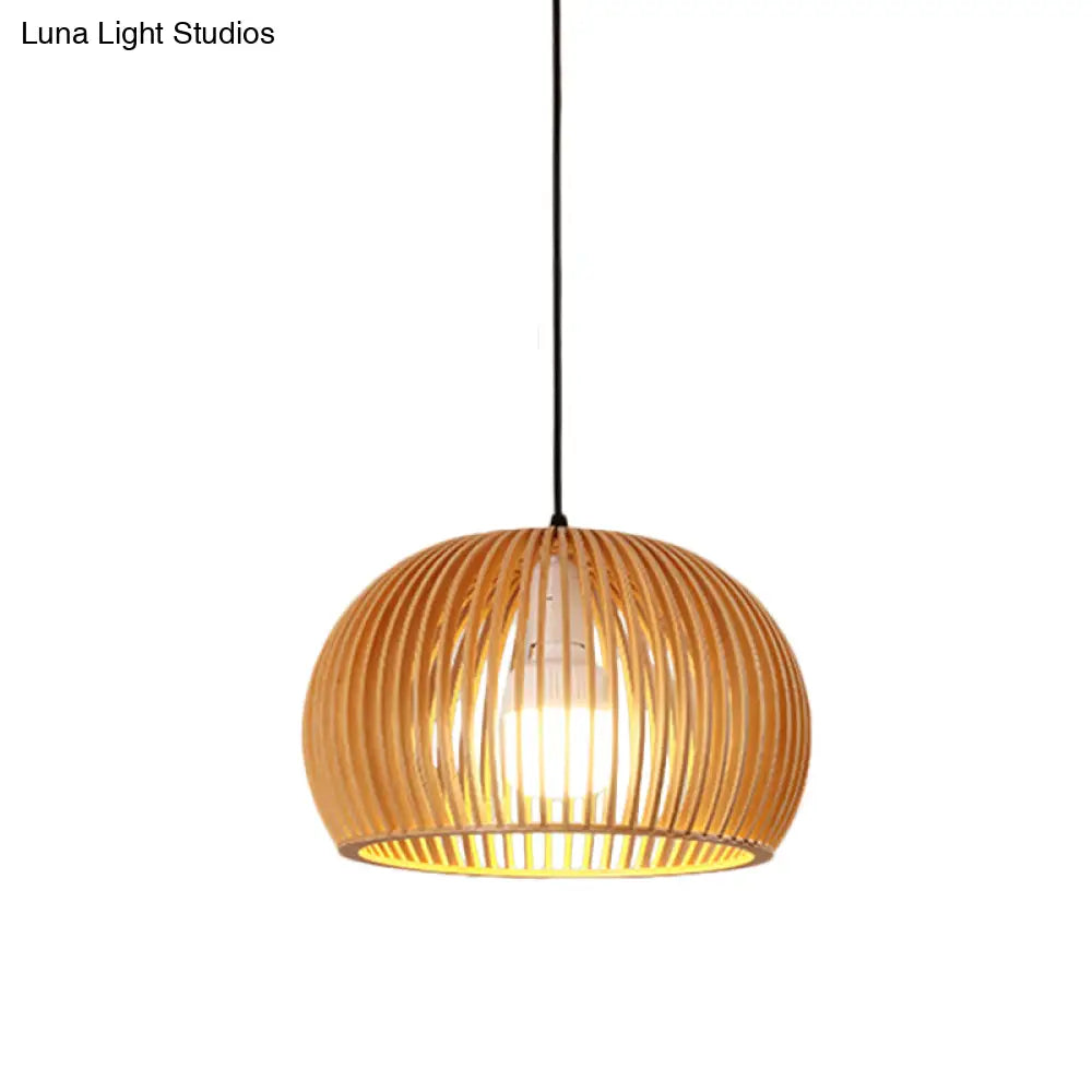 Asian-Inspired Wood Bowl/Lantern Hanging Light In Beige - 1-Light Down Lighting Pendant For