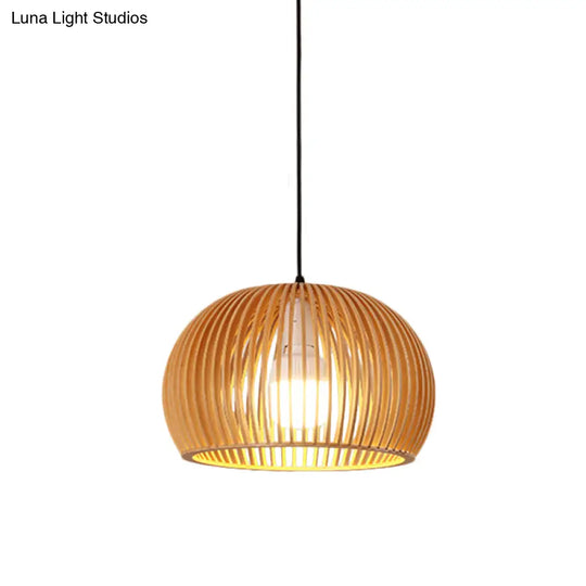 Asian-Inspired Wood Bowl/Lantern Hanging Light In Beige - 1-Light Down Lighting Pendant For