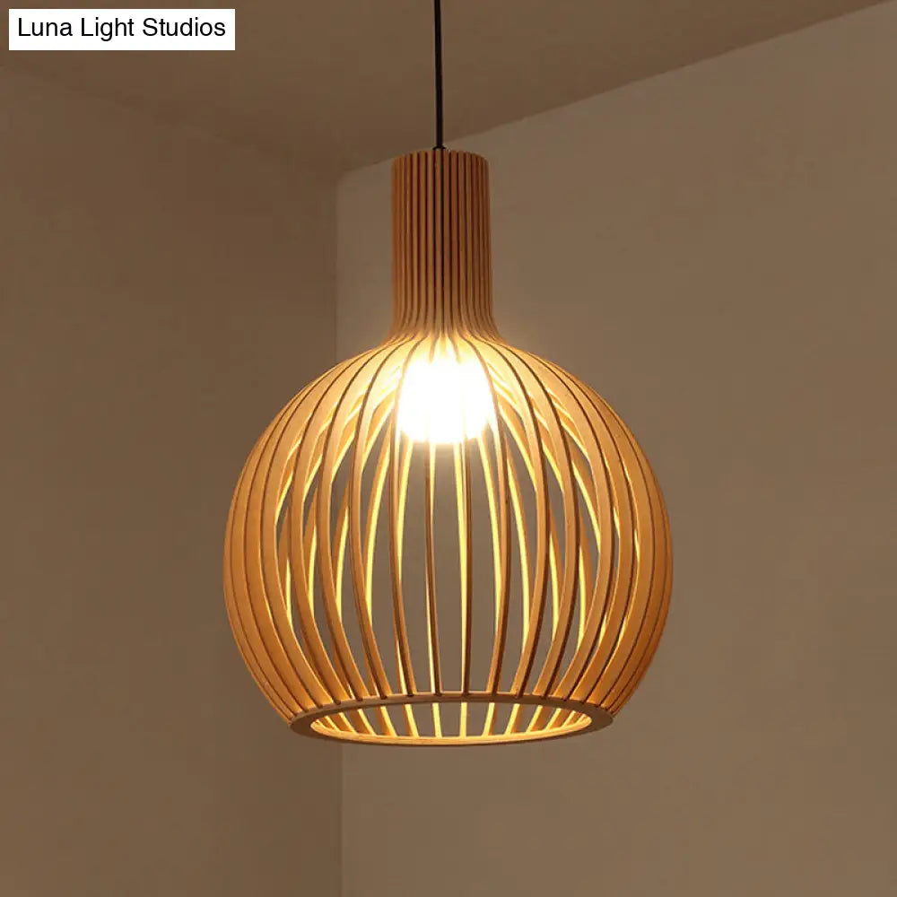 Wood Bowl Asian Hanging Light Pendant - Rustic Beige Restaurant Lantern For Ambient Lighting