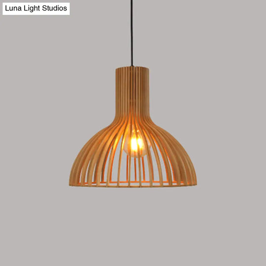 Asian-Inspired Wood Bowl/Lantern Hanging Light In Beige - 1-Light Down Lighting Pendant For