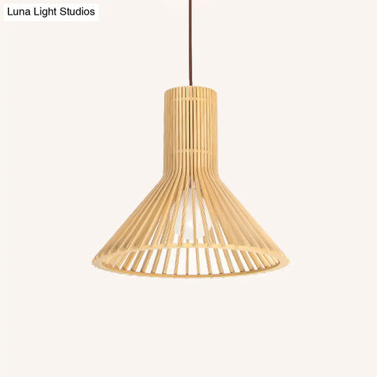 Asian-Inspired Wood Bowl/Lantern Hanging Light In Beige - 1-Light Down Lighting Pendant For