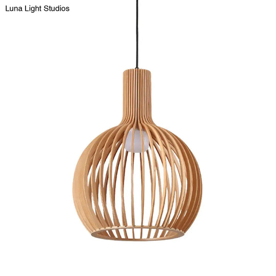 Asian-Inspired Wood Bowl/Lantern Hanging Light In Beige - 1-Light Down Lighting Pendant For