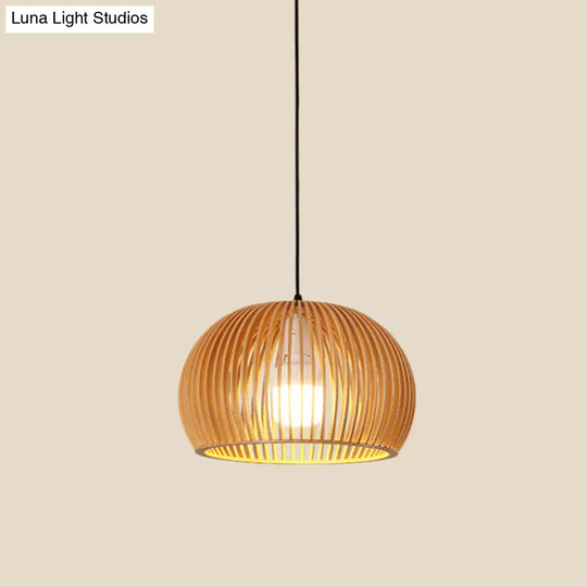 Asian-Inspired Wood Bowl/Lantern Hanging Light In Beige - 1-Light Down Lighting Pendant For