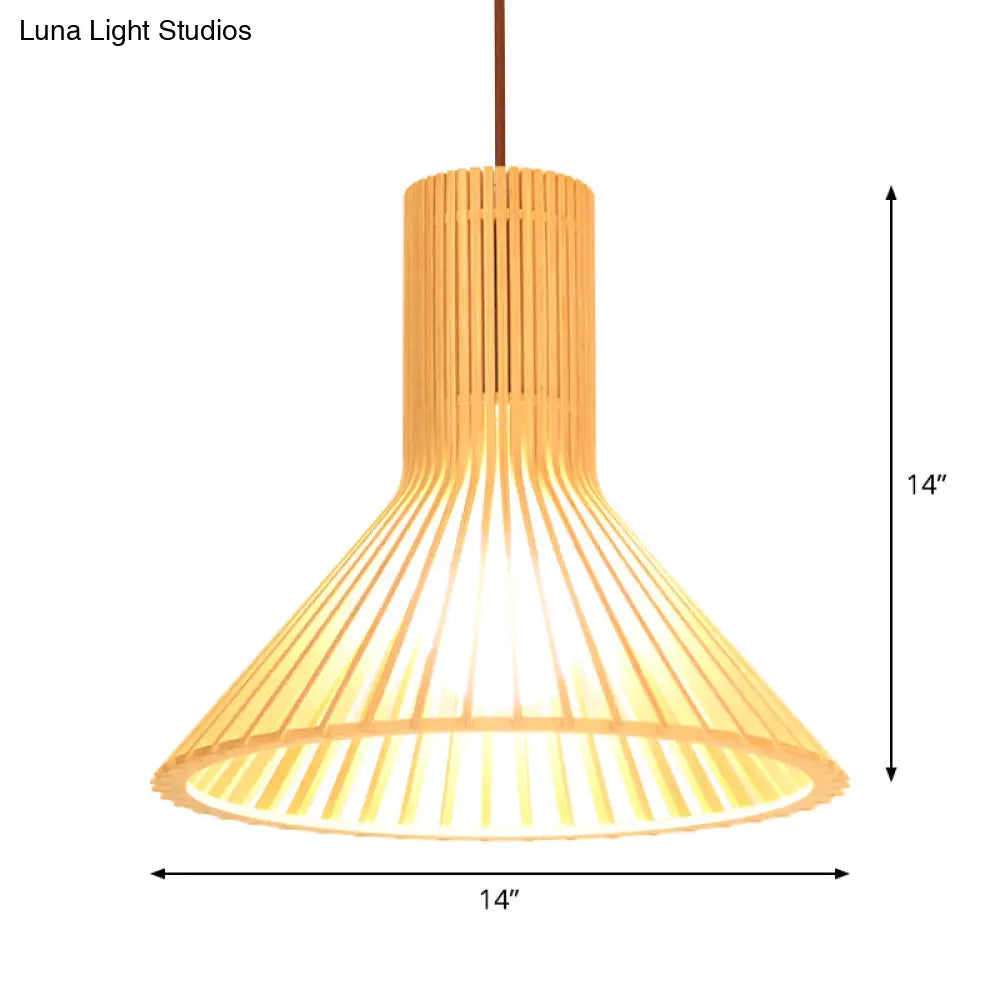 Asian-Inspired Wood Bowl/Lantern Hanging Light In Beige - 1-Light Down Lighting Pendant For
