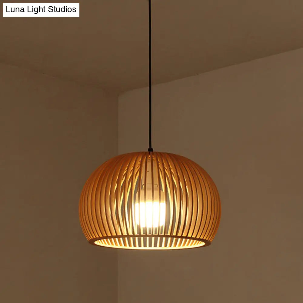 Wood Bowl Asian Hanging Light Pendant - Rustic Beige Restaurant Lantern For Ambient Lighting