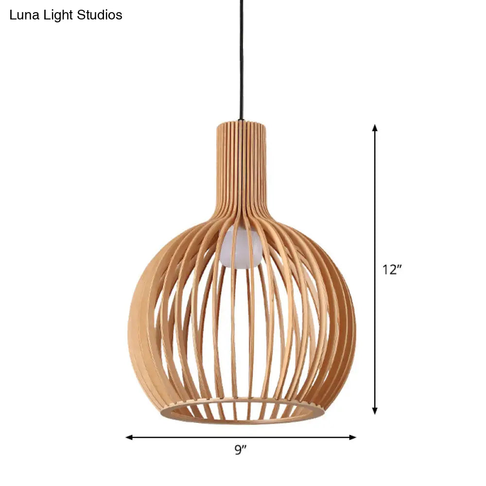 Asian-Inspired Wood Bowl/Lantern Hanging Light In Beige - 1-Light Down Lighting Pendant For