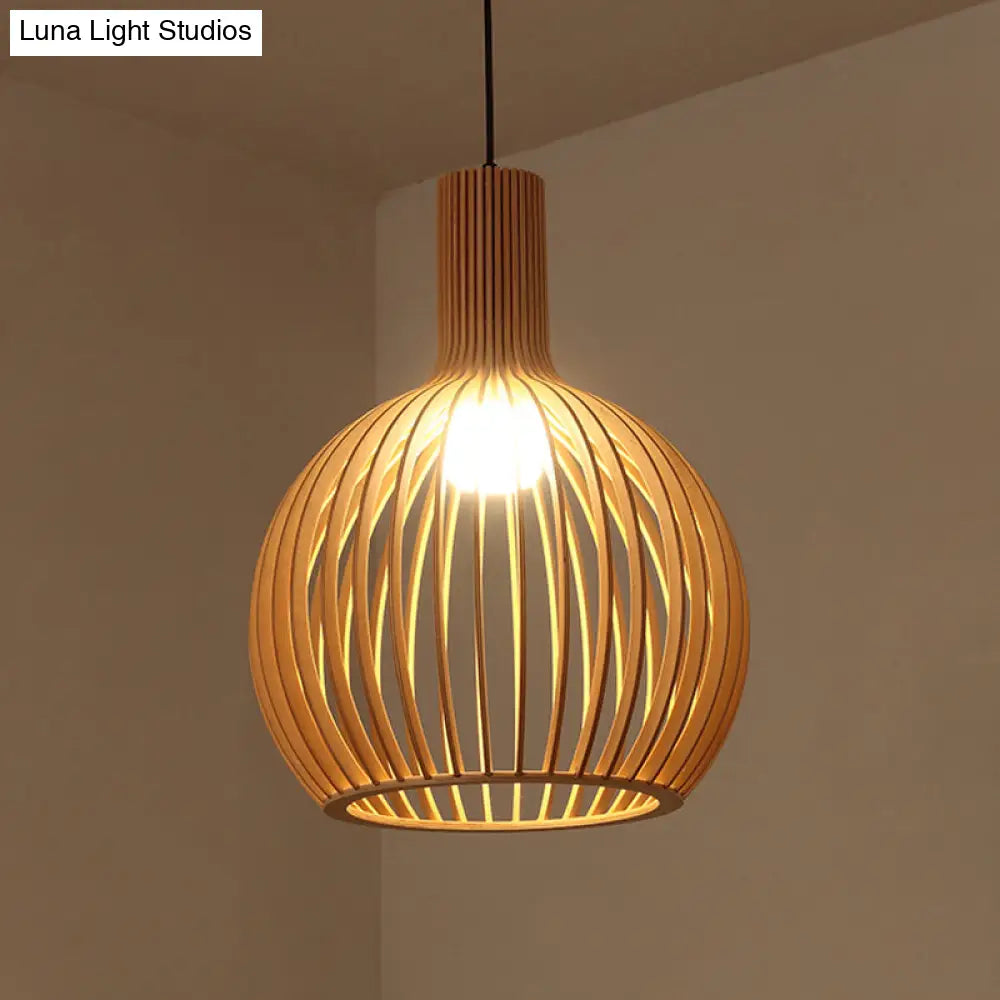 Asian-Inspired Wood Bowl/Lantern Hanging Light In Beige - 1-Light Down Lighting Pendant For