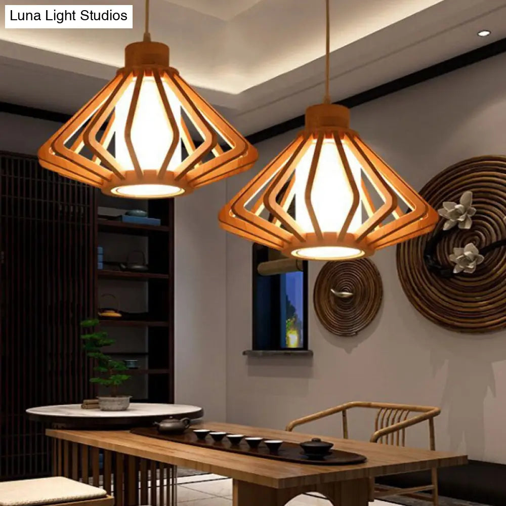 Wood Bowl Asian Hanging Light Pendant - Rustic Beige Restaurant Lantern For Ambient Lighting / H