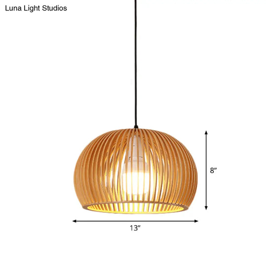 Asian-Inspired Wood Bowl/Lantern Hanging Light In Beige - 1-Light Down Lighting Pendant For