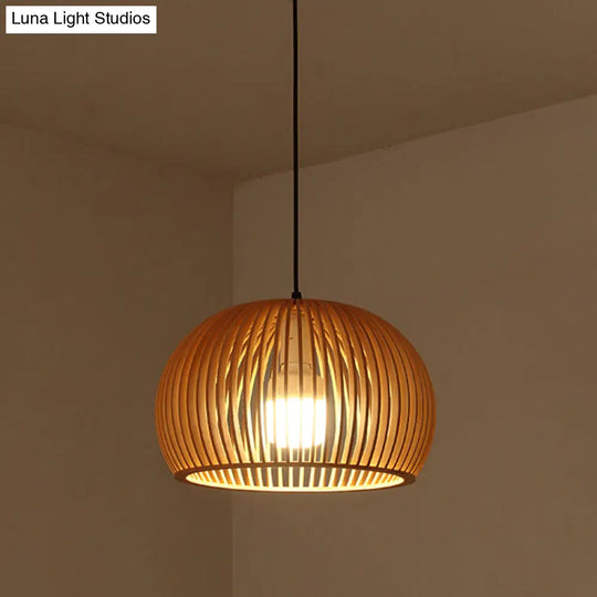 Asian-Inspired Wood Bowl/Lantern Hanging Light In Beige - 1-Light Down Lighting Pendant For