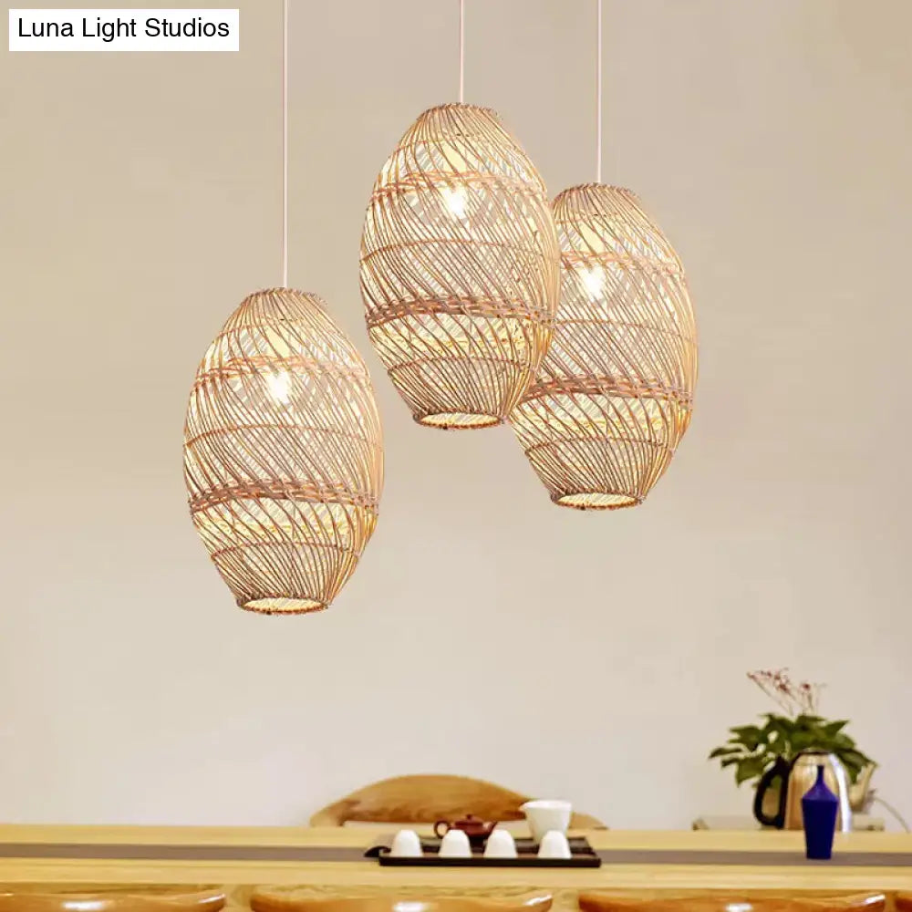 Asian-Inspired Wood Obong Pendant Lamp With Bamboo Rattan Ceiling Suspension