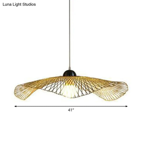 Asian Lotus Pendant Bamboo Hanging Light Fixture - Beige 14’/25.5’/41’ Wide