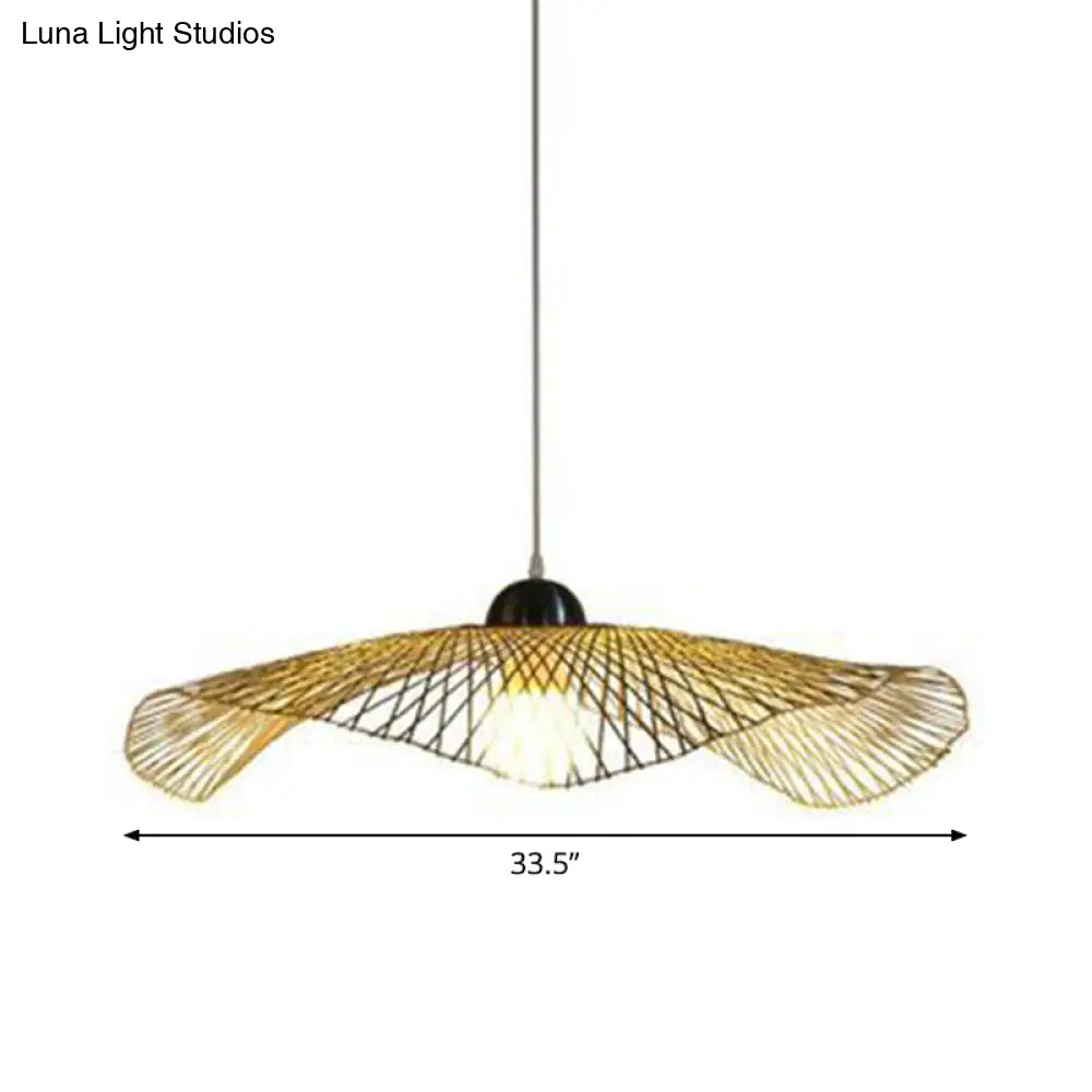 Asian Lotus Pendant Bamboo Hanging Light Fixture - Beige 14’/25.5’/41’ Wide