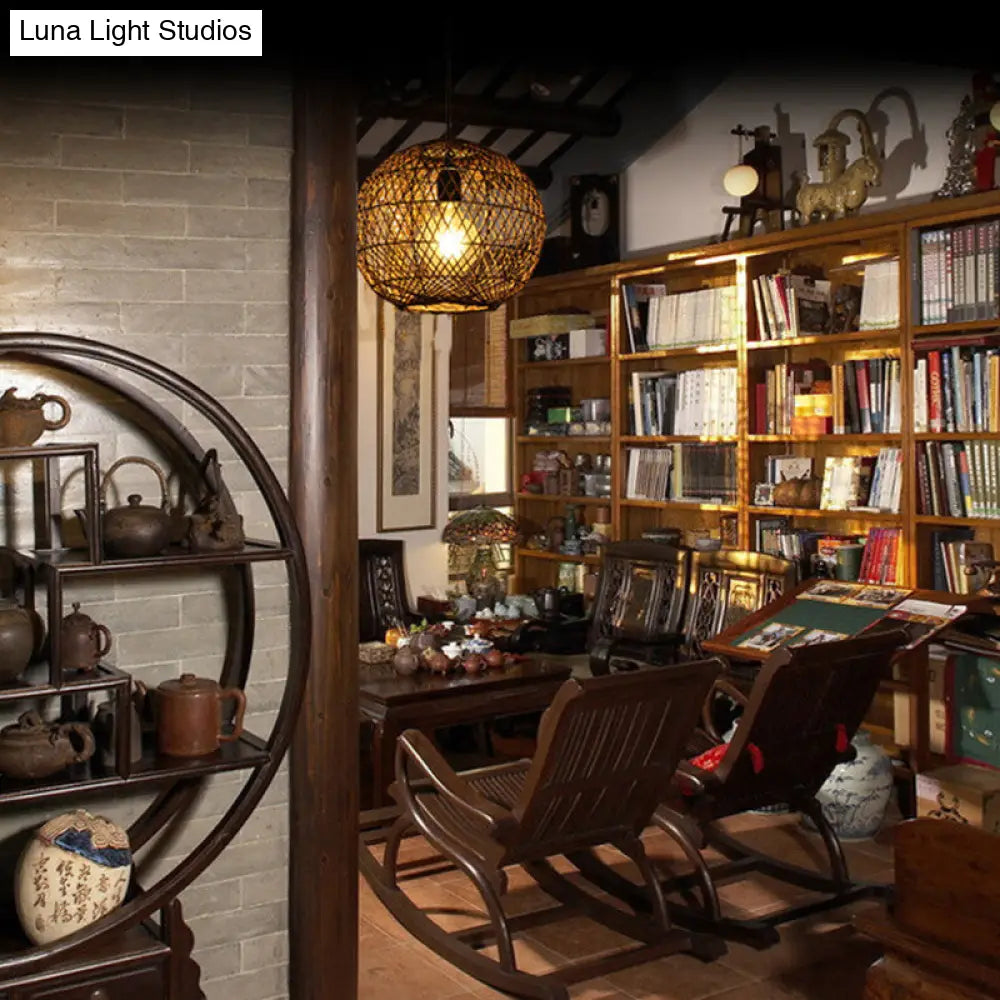 Asian Rattan Ball Pendant Light: Coffee Fixture For Living Room (1 Bulb)