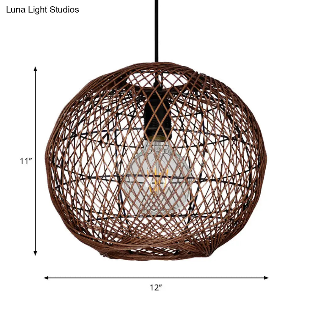 Asian Rattan Ball Ceiling Light - Coffee Pendant Fixture For Living Room 1 Bulb