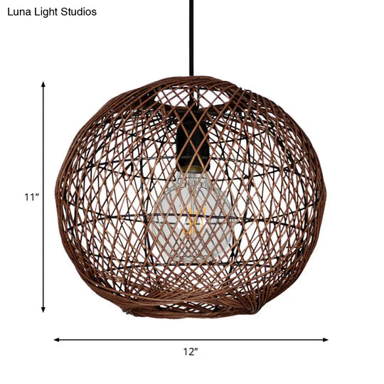 Asian Rattan Ball Ceiling Light - Coffee Pendant Fixture For Living Room 1 Bulb