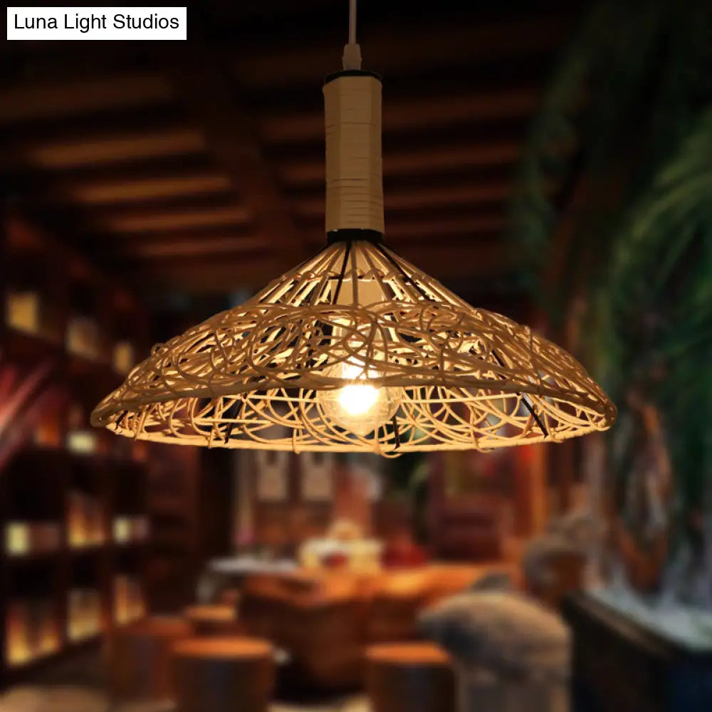 Asian Rattan Cone Ceiling Light - Stylish Wood Pendant Fixture For Living Room