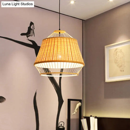 Asian Rattan Hand-Twisted Wood Ceiling Lamp: 1-Bulb Pendant Lighting For Bedside