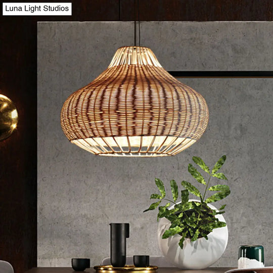 Asian Rattan Hanging Pendant Light With Hand-Worked Pear Shape Design For Dining Table - Wood Finish