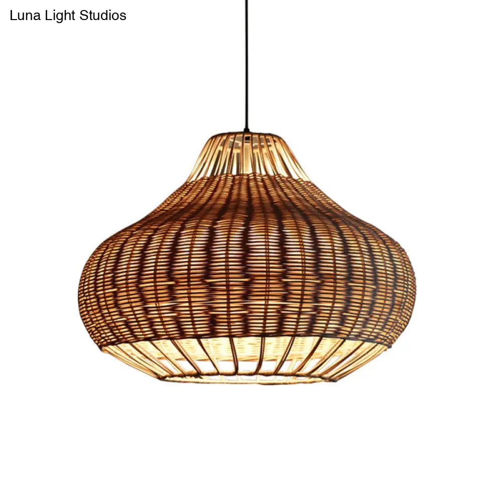 Asian Rattan Hanging Pendant Light With Hand-Worked Pear Shape Design For Dining Table - Wood Finish