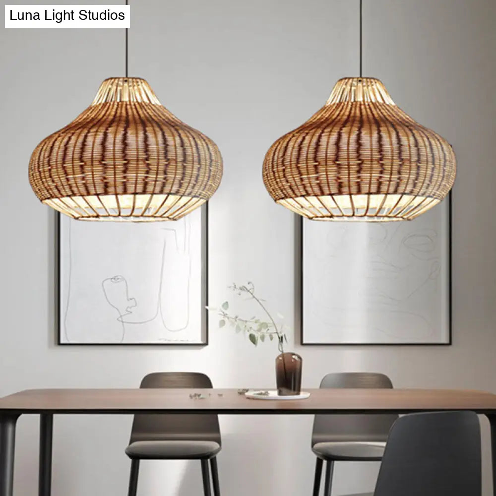 Asian Rattan Hanging Pendant Light With Hand-Worked Pear Shape Design For Dining Table - Wood Finish