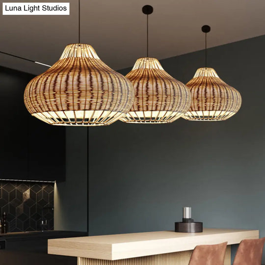 Asian Rattan Hanging Pendant Light With Hand-Worked Pear Shape Design For Dining Table - Wood Finish