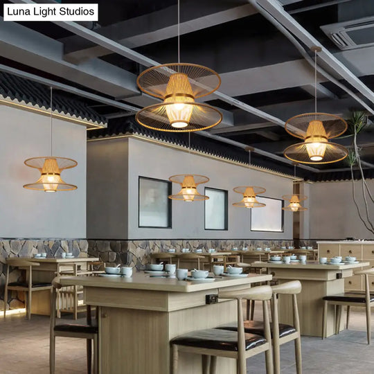 Asian Style Bamboo Ceiling Light For Restaurants With Lotus-Inspired Design And Wood Hanging Fixture