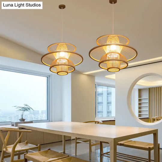 Asian Style Bamboo Ceiling Light For Restaurants With Lotus-Inspired Design And Wood Hanging Fixture