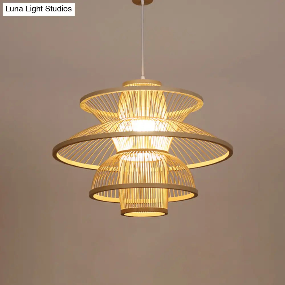 Asian Style Bamboo Ceiling Light For Restaurants With Lotus-Inspired Design And Wood Hanging Fixture