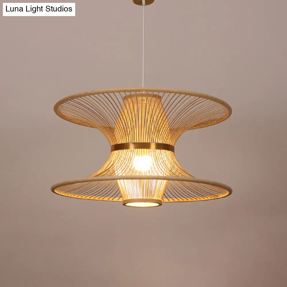 Asian Style Bamboo Ceiling Light For Restaurants With Lotus-Inspired Design And Wood Hanging Fixture