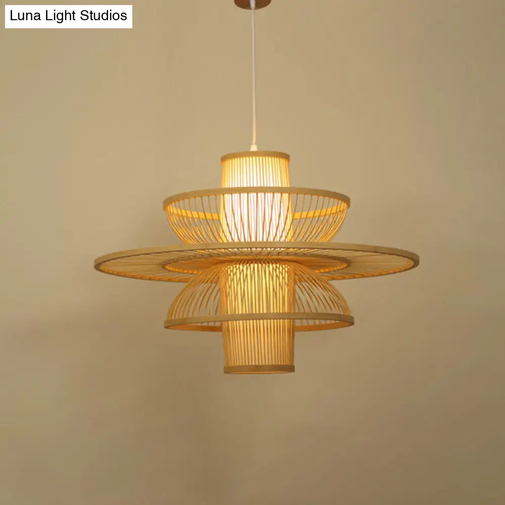 Asian Style Bamboo Ceiling Light For Restaurants With Lotus-Inspired Design And Wood Hanging Fixture