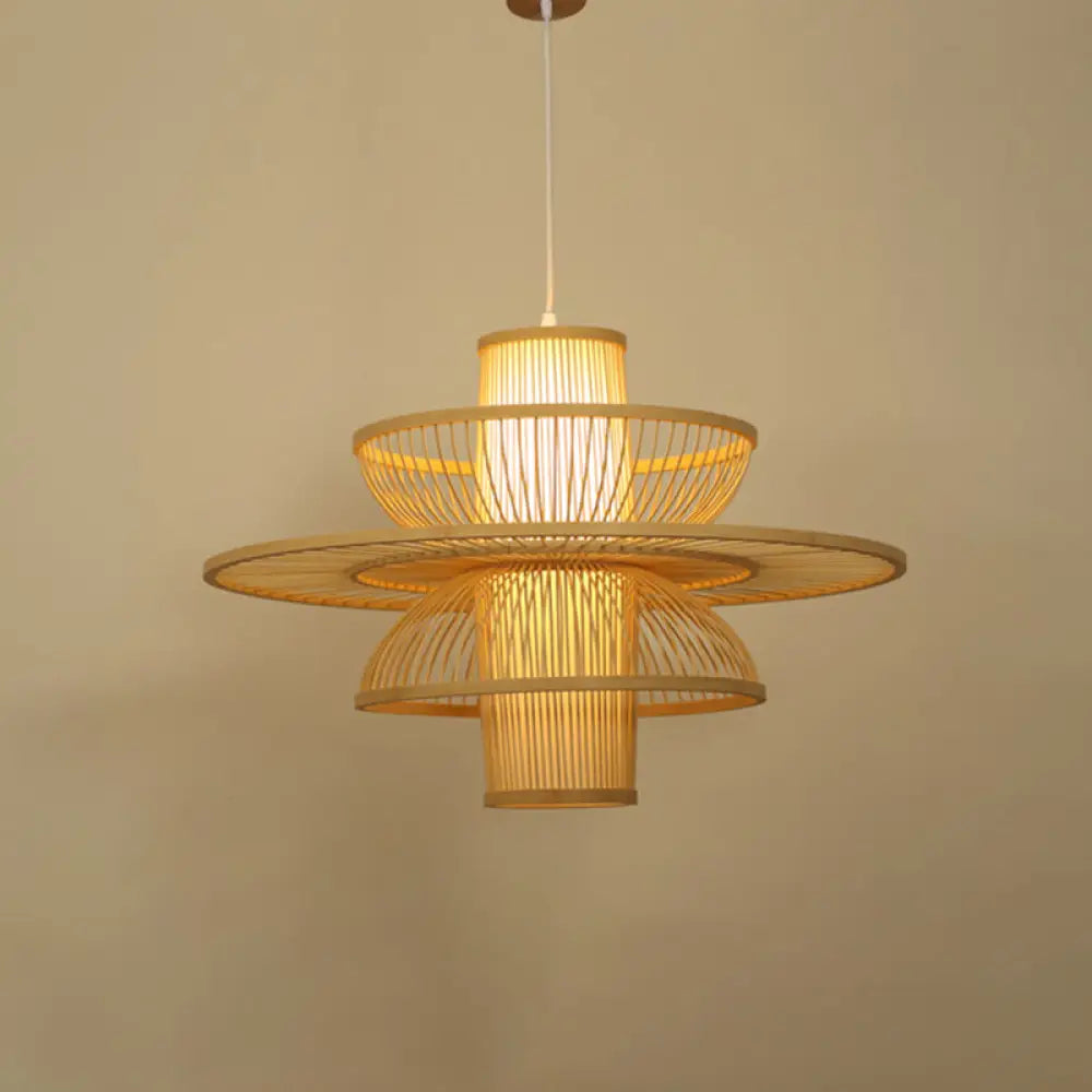 Asian Style Bamboo Ceiling Light For Restaurants With Lotus-Inspired Design And Wood Hanging Fixture